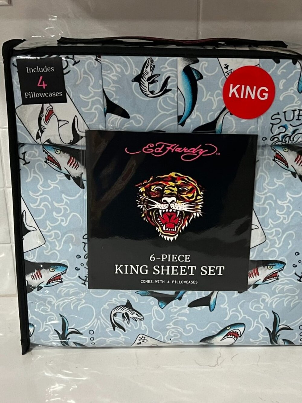 ED HARDY King Blue Sheet Set 6pc New Surf Shark Cards Tattoo Grunge Y2K Surfer